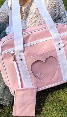 Pink Heart-Window Travel SchoolTote Bag by